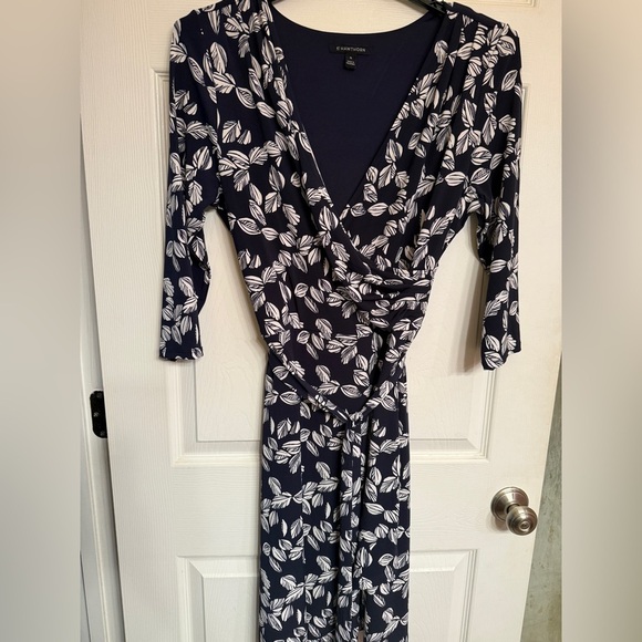 Leaf Print Navy Wrap Dress Fall Autumn Staple Work Business Office - Picture 1 of 6